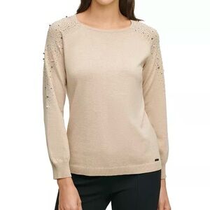 Calvin Klein Blush Pink Embellished
Sweater | Pearl & Crystal Sleeve Detail | L